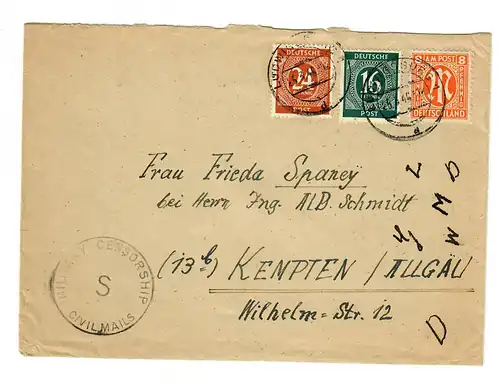 Brief 1946: Brief von Ludwigsburg nach Kempten, Military Censorship/Civil mails