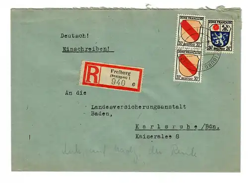 Einschreibs Gutach/Fribourg 1947 Karlsruhe