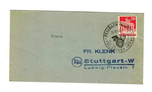 1948 Brief von Fellbach, Sonderstempel Fellbacher Herbst/Wein nach Stuttgart