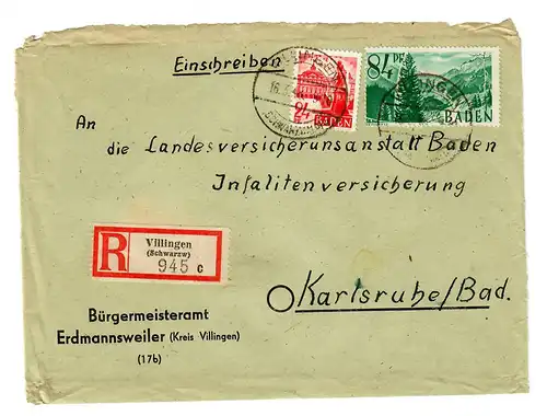 Einschreiben aus Villingen/Schwarzwald, Erdmannsweiler, 1948 nach Karlsruhe
