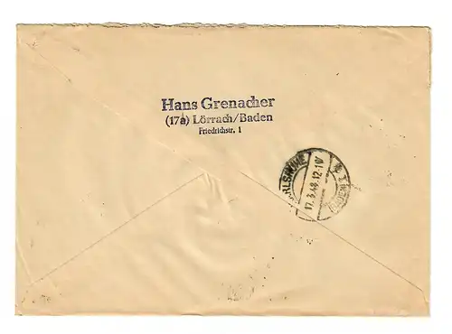 Lettre recommandé de Lörrach 1948 à Karlsruhe