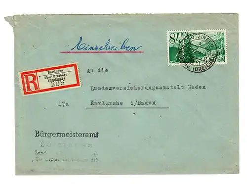 Einschreiben aus Bötzingen/Freiburg 1947 nach Karlsruhe