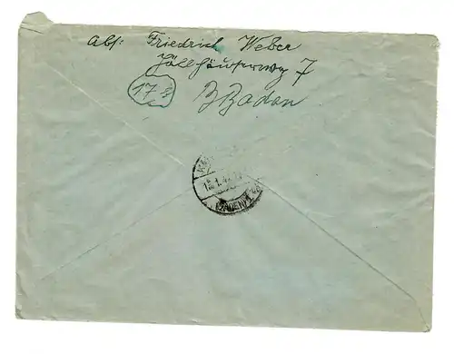 Lettre recommandé de Baden Bad en 1947 à Karlsruhe
