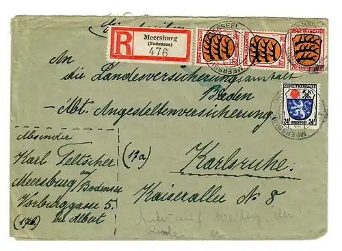 Lettre recommandé de Meersburg/Bodensee 1947 à Karlsruhe