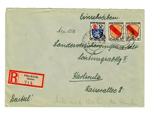 Einschreiben Oberkirch 1947 nach Karlsruhe