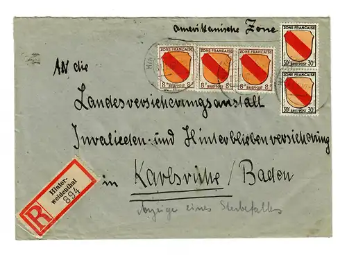 Einschreiben Hinterweidenthal 1947 nach Karlsruhe