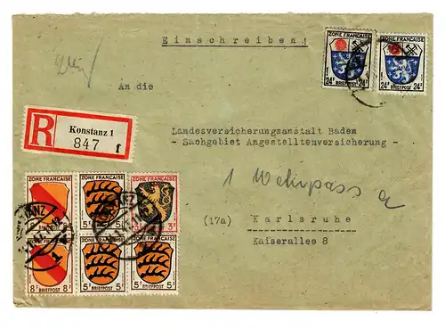 Lettre recommandé Constance 1947 vers Karlsruhe