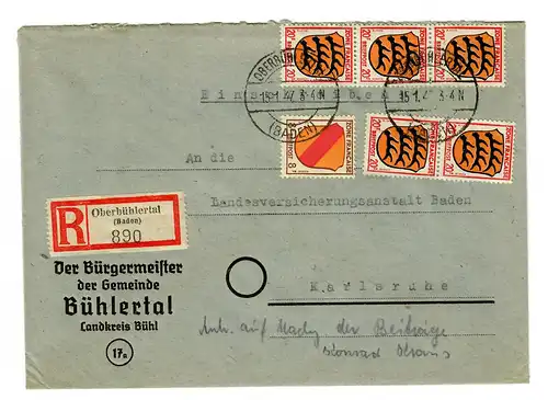 Einschreiben Oberbühlertal/Baden 1947 nach Karlsruhe