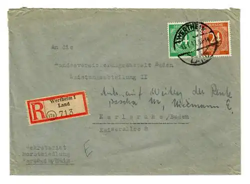 Einschreiben Wertheim 1/Land 1947 nach Karlsruhe