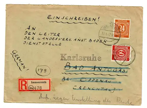 Einschreiben Immenreuth 1947 nach Oppenau, Weiterleitung Karlsruhe