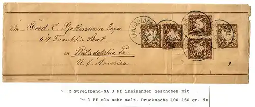 Ganzsache Streifband Drucksache 100-150gr, Landau nach Philadelphia 1896