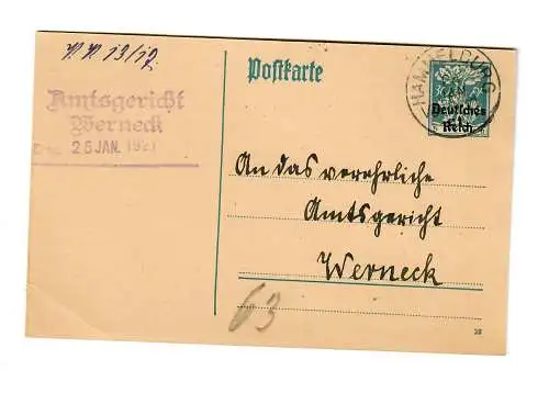 Ganzsache Machtilshausen Hammelburg, 1921 nach Werneck