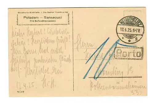 Ansichtskarte Sanssouci, 1925 Neustrelitz nach Hamburg, Nachporto
