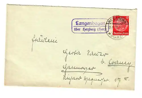 Brief mit Agenturstempel Langenhagen über Herzberg/Harz 1936 nach Hannover