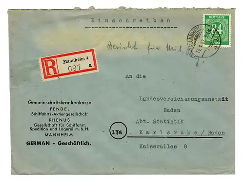 Einschreiben Mannheim 1947, Schifffahrts-AG RHENUS, FENDEL nach Karlsruhe