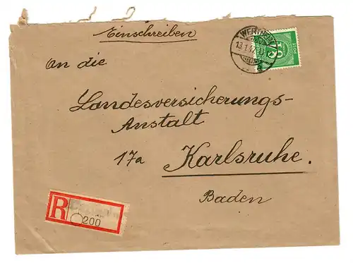 Einschreiben Wertheim 1947  nach Karlsruhe