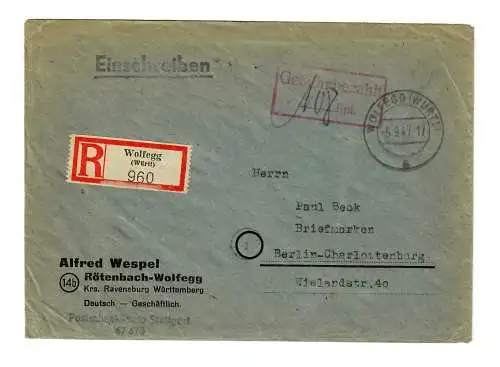 Einschreiben Wolfegg, Röthenbach 1947 nach Berlin, Gebühr bezahlt