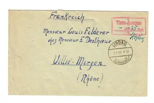Lindau 1946 nach Villié-Morgon/France, Gebühr bezahlt