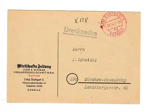 1947 Stuttgart, carte d'impression à Munich, frais payés