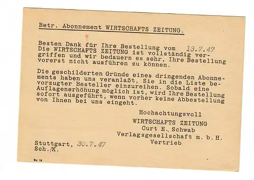 1947 Stuttgart, carte d'impression à Munich, frais payés