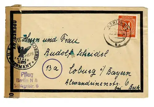 Brief 1948 von Berlin nach Coburg, Zensur: Civil Censorship, passed