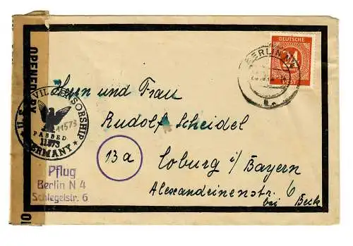 Lettre 1948 de Berlin à Coburg, censure: Civil Censorship, passed