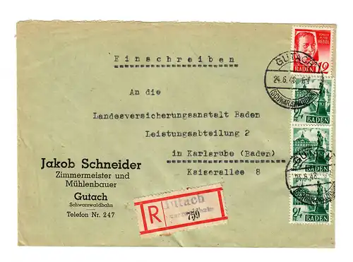 Einschreiben Gutach/Schwarzwaldbahn nach  Karlsruhe 1948