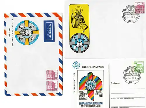 7 objets entiers/cartes postales différentes, cachet spécial Münsterschwarzach 1980