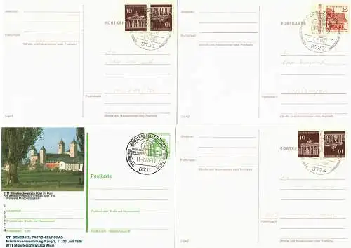 7 verschiedene Ganzsachen/Postkarten, Sonderstempel Münsterschwarzach 1980