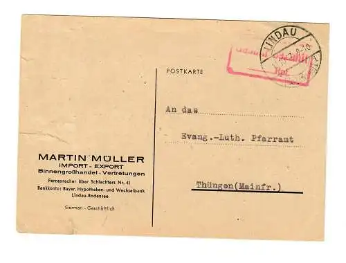 Lindau Bösenreutin 1947, Gebühr bezahlt nach Thüngen, Gebühr bezahlt