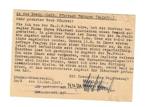 Lindau Bösenreutin 1947, Gebühr bezahlt nach Thüngen, Gebühr bezahlt