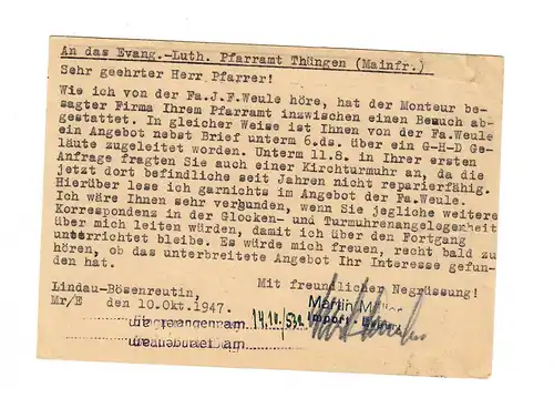 Lindau Bünsreutin 1947, frais payés sur les chenaux, frais facturés
