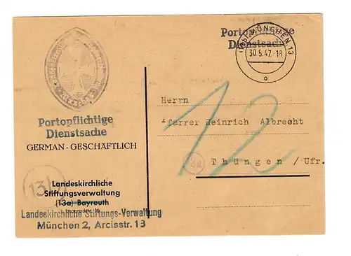 Portopflichtige Dienstsache mit Nachporto 1947 München nach Thüngen, Nachgebühr