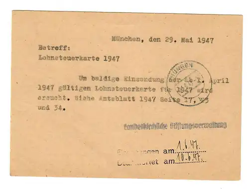 Portopflichtige Dienstsache mit Nachporto 1947 München nach Thüngen, Nachgebühr