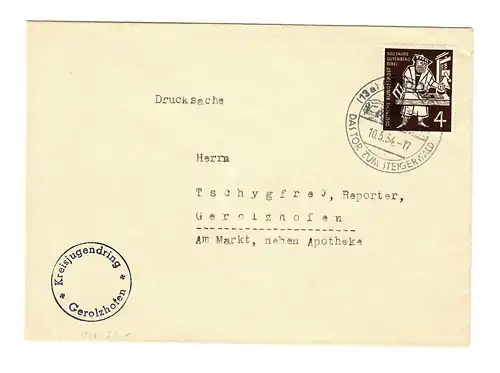 Brief aus Gerolzhofen, Sonderstempel Tor zum Steigerwald, 1954, Kreisjugendring