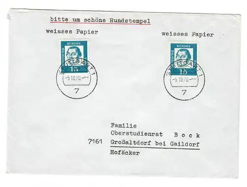 Brief  aus Stuttgart 1970 nach Großaltdorf/Gaildorf, MeF