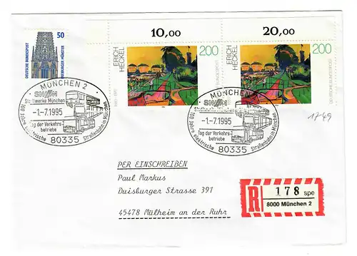 Lettre recommandé de Munich, Transport Opérateurs, 1995 vers Mühlheimi/Ruhr