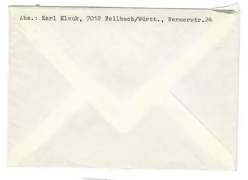 1970: Lettre de Schöner de Stuttgart à Grossaltdorf près de Gaildorf