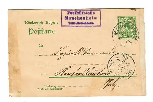 Postkarte 1904 Posthilfsstelle Mauchenheim/Morschheim, seltene Stempel