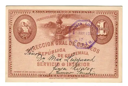 1896: Servicio Interior Ferrocarril/Railway/Eisenbahn, Posta Local Coban