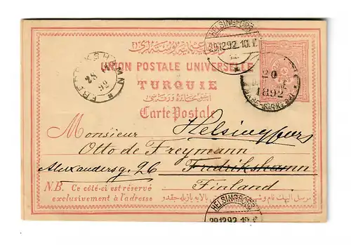 Post card Constantinople, British Post Office, to Finland - forwarded, 1892