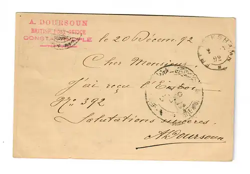 Post card Constantinople, British Post Office, to Finland - forwarded, 1892