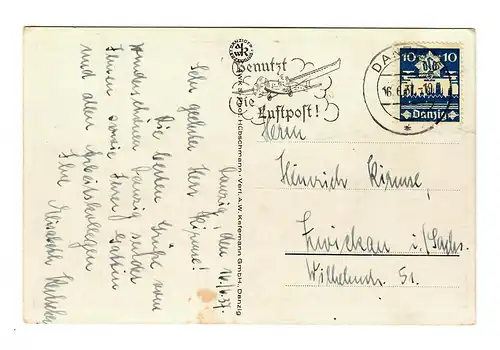 Danzig: Ansichtskarte 1937 nach Zwickau, MiNr. 267