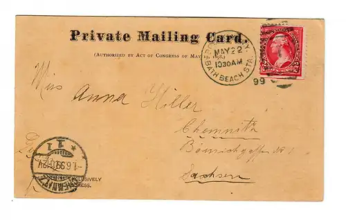 Post card privat mailing, 1899, Brooklyn NY, Bath Beach Sta to Chemnitz/Germany