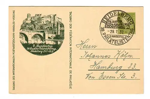 Heidelberg, Ganzsache Philatelistentag 1932 nach Hamburg