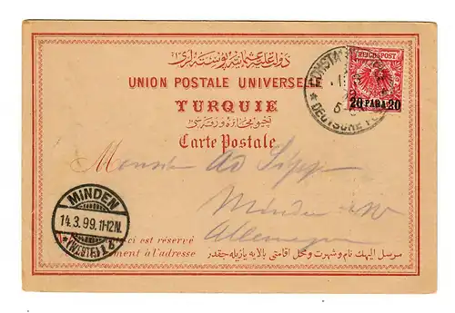 Post card Constantinople 1899 to Minden/Germany, Deutsche Post Turquie