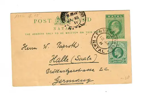 Natal: Post card 1911, Ennersdale to Halle/Germany