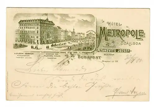 Post card Budapest 1900, Hotel Metropole to Berlin