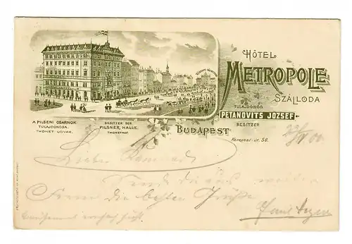 post card Budapest 1900, Hotel Metropole to Berlin