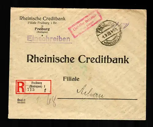 Einschreiben Freiburg 1923, Gebühr bezahlt nach Achern